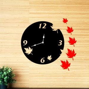 mapple leaves 3d wall clock / black / golden / silver / 30 x 30 cm