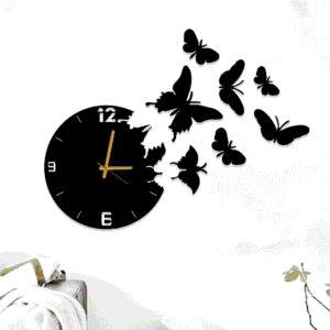 butterflies stars clock / black / golden / silver / 60 x 60 cm